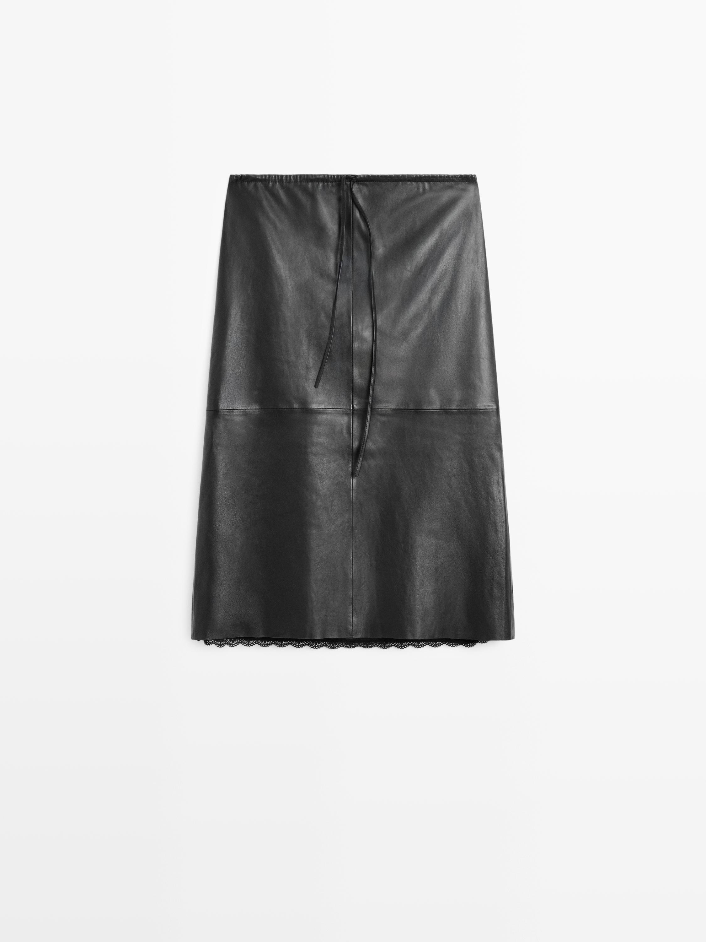Nappa leather midi skirt with lace detail